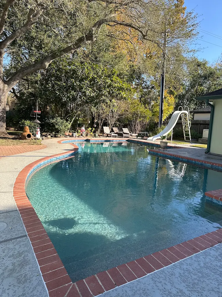 Older backyard pool with brick coping, a slide, and a large live oak overhead